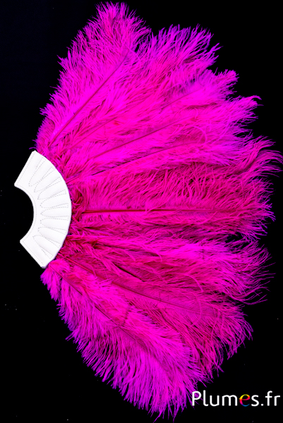 Éventail en plumes d’autruche - 20 plumes, cuir blanc - fuchsia